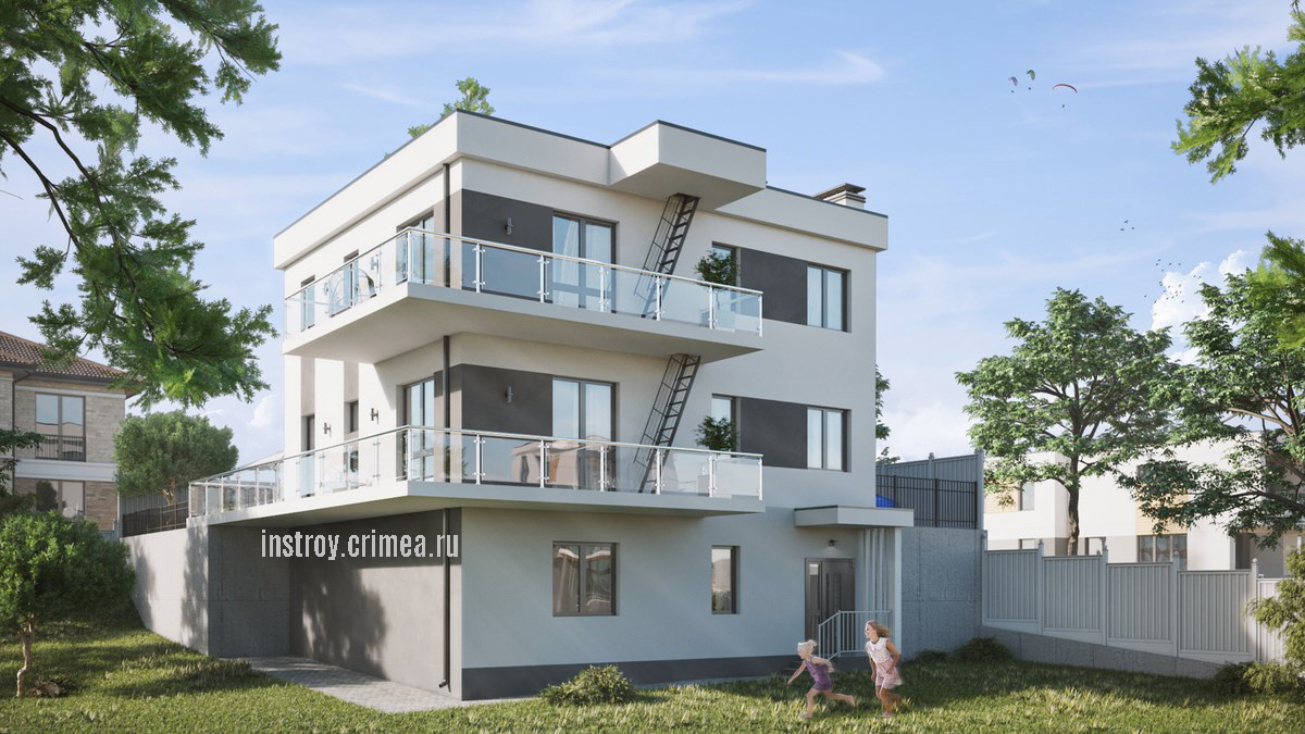 Проект трехэтажного жилого дома 10 на 11 в современном стиле хай-тек с плоской крышей для строительства в Симферополе.