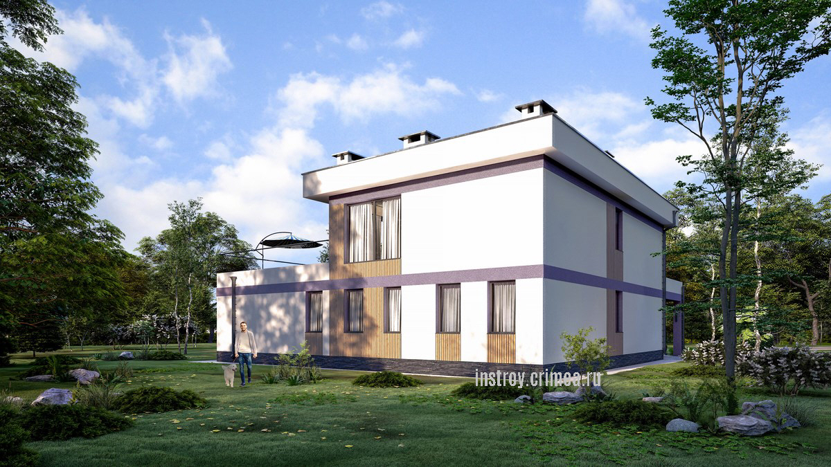 Проект двухэтажного жилого дома 18 на 16 в современном стиле хай-тек с плоской крышей для строительства в Симферополе.