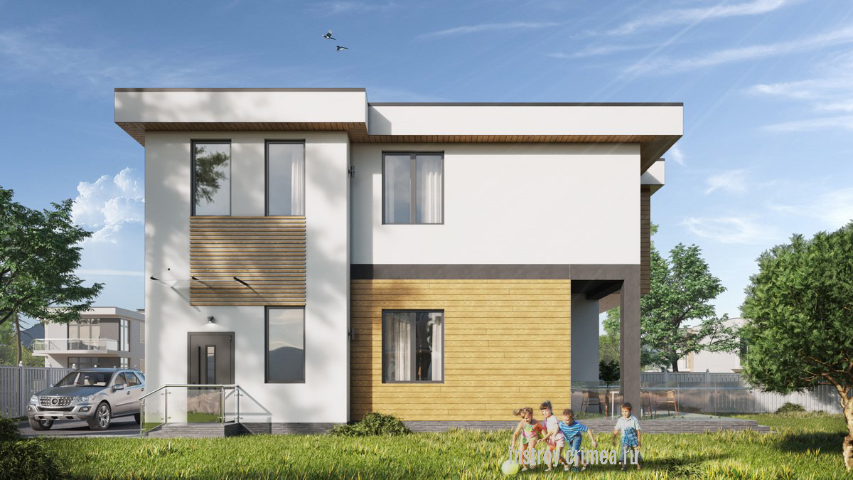 Двухэтажный жилого дома с плоской крышей в стиле минимализм для строительства в Симферополе.