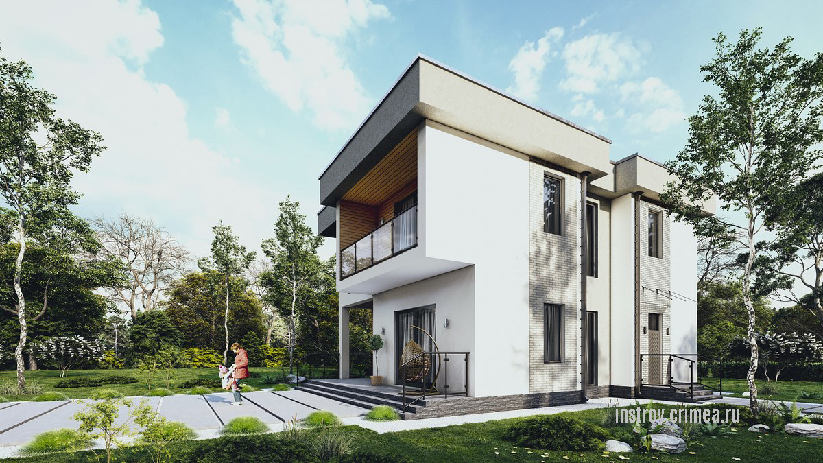 Проект двухэтажного жилого дома 11 на 12 в современном стиле хай-тек с плоской крышей для строительства в Симферополе.