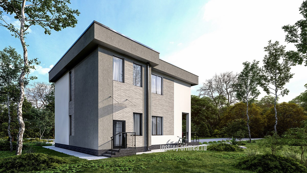 Проект двухэтажного жилого дома 11 на 12 в современном стиле хай-тек с плоской крышей для строительства в Крыму.