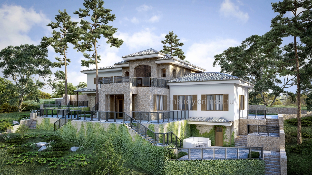 Двухэтажный жилой дом с крышей из керамической черепицы в средиземноморском стиле для строительства в Ялте.